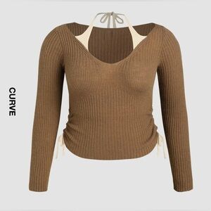 Cider Brown Ribbed Top with Cream Halter. Curve Plus